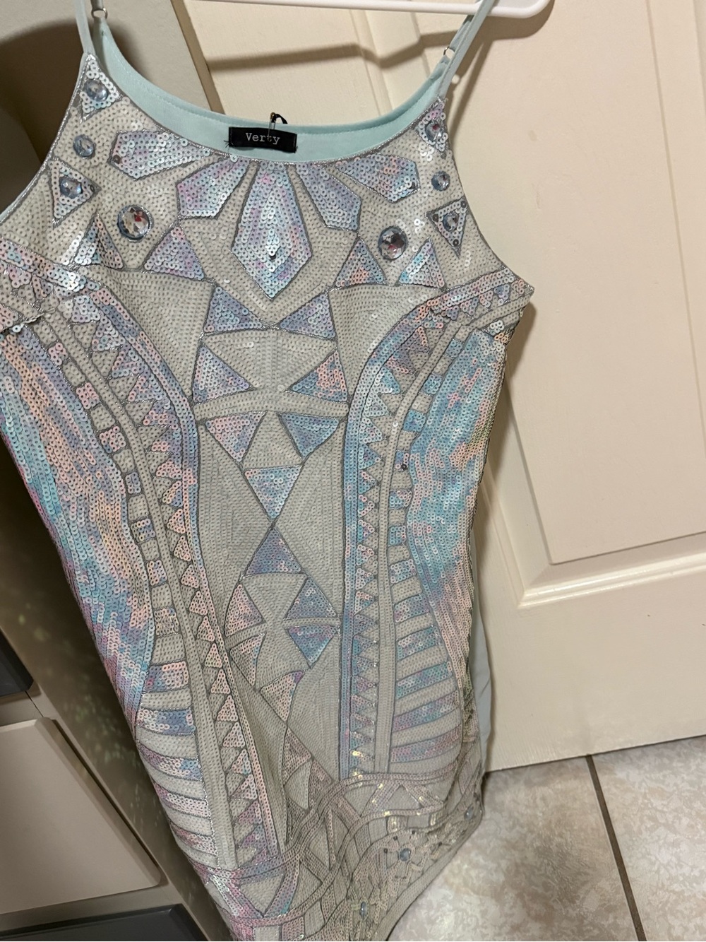 verty Pastel Iridescent Sequin front/solid back MiniDress in Light Blue and Pink